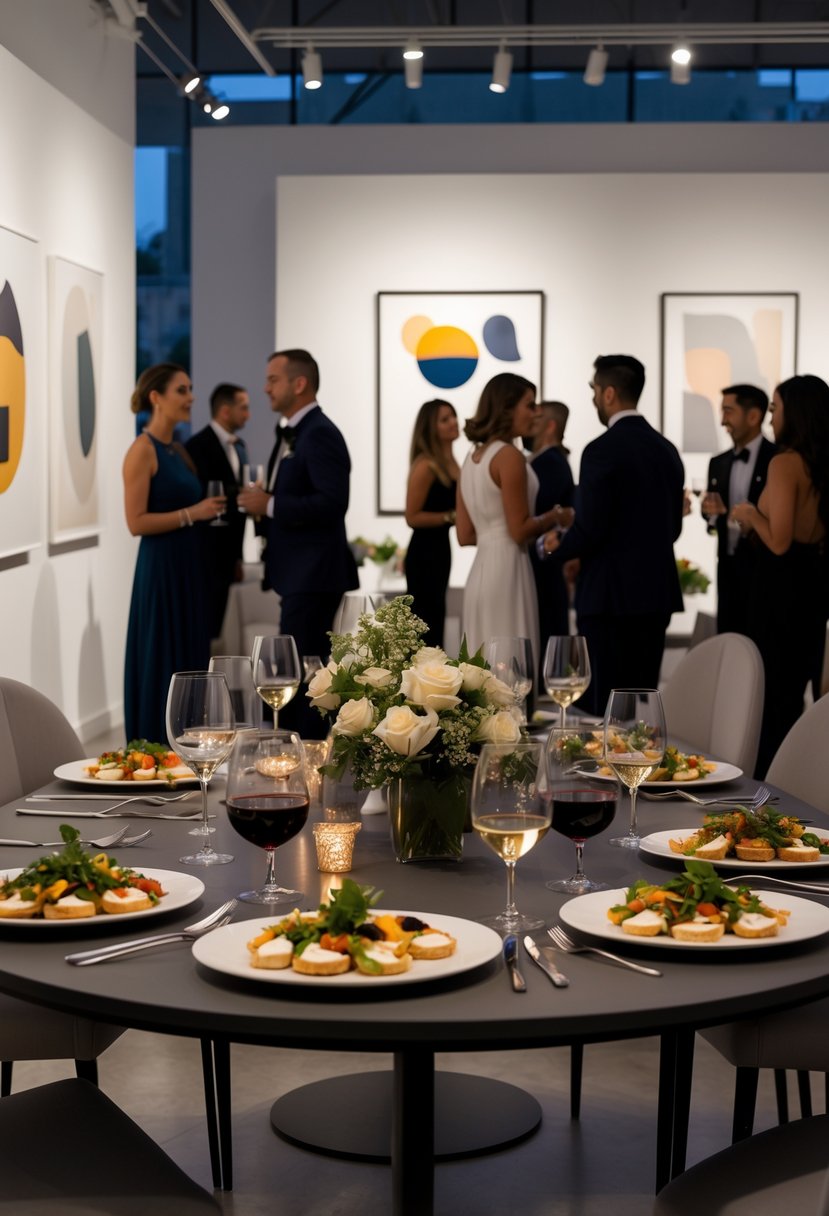 Guests enjoying an elegant evening in an art gallery with tapas and wine during a wedding rehearsal dinner.