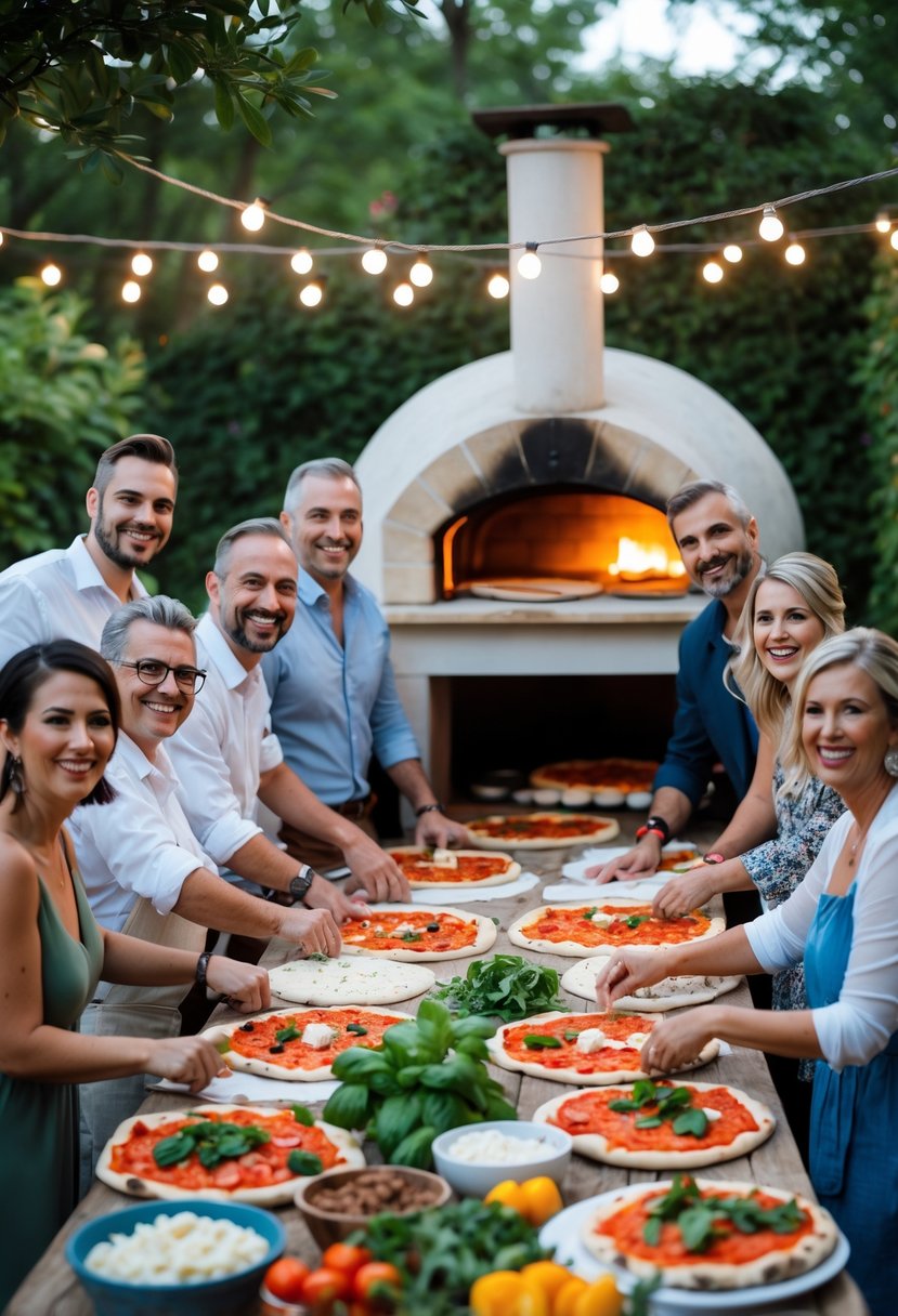 People making pizzas together outdoors around a table with fresh ingredients and a stone pizza oven in the background during a wedding rehearsal dinner.