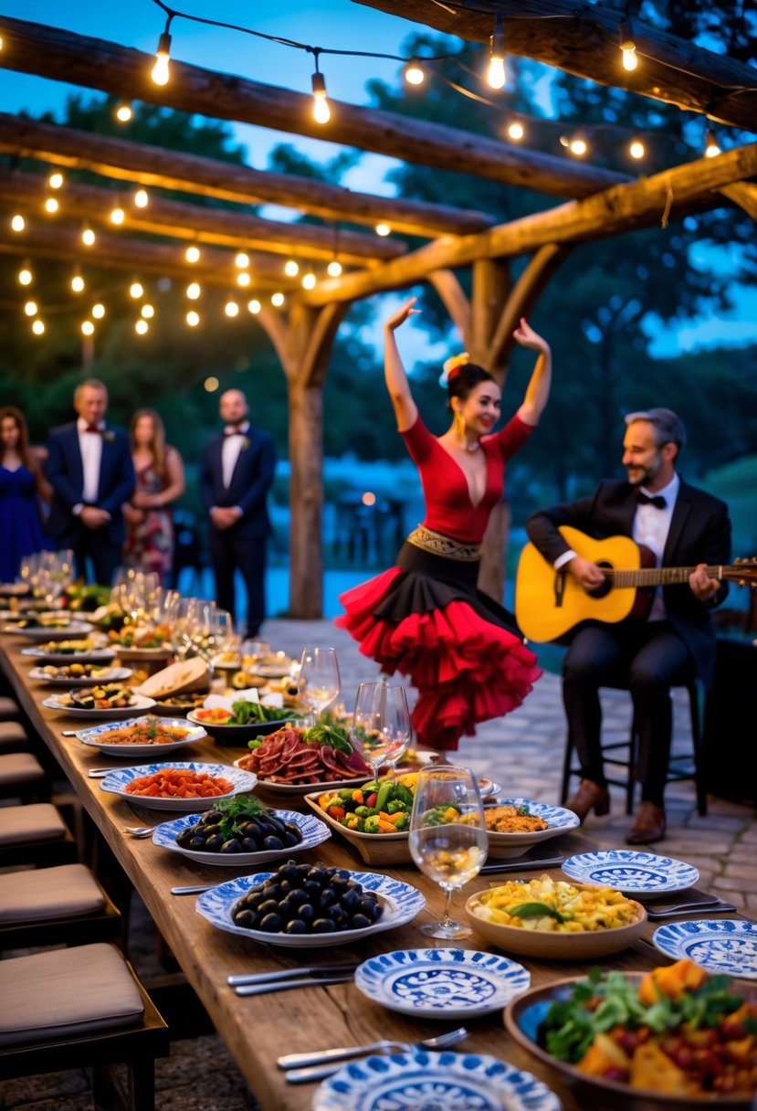 An outdoor evening scene with a long table of Spanish tapas and a flamenco dancer performing beside a guitarist, surrounded by guests enjoying the celebration.