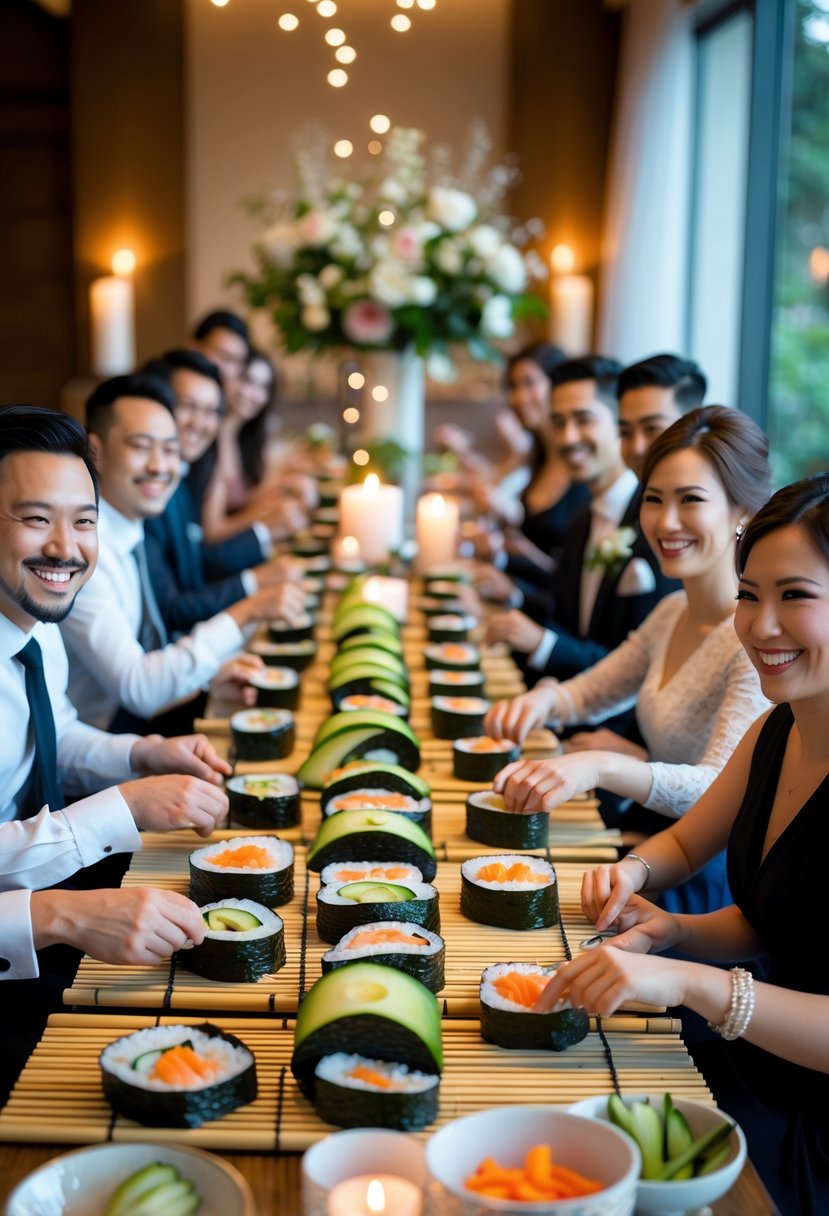 People gathered around a table rolling sushi together during a wedding rehearsal dinner.