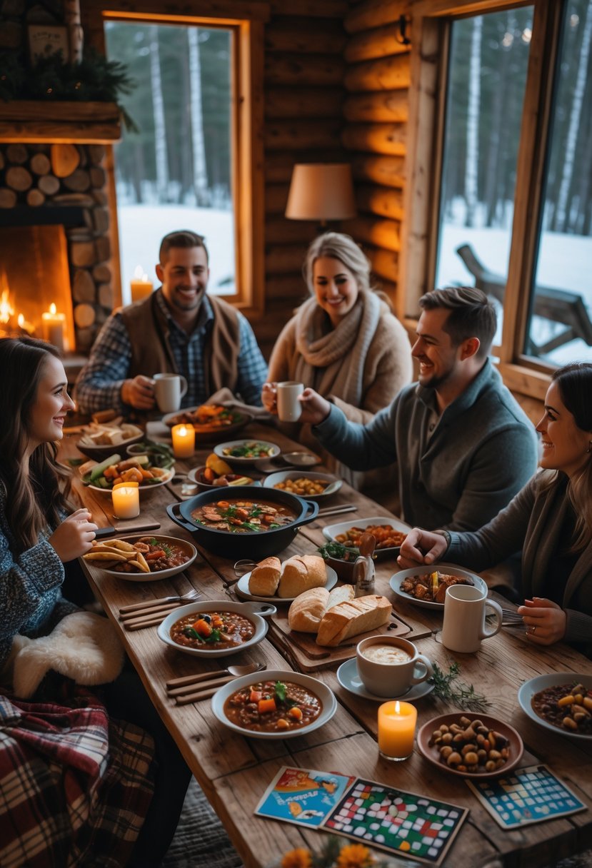 A cozy cabin dining area with people enjoying comfort food and board games, surrounded by warm lighting and rustic decor.