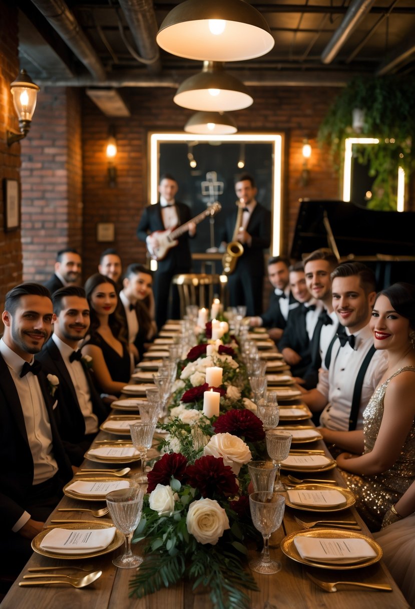 Guests dressed in 1920s attire seated around a long table set for a wedding rehearsal dinner in a warmly lit room with vintage decor and floral centerpieces.