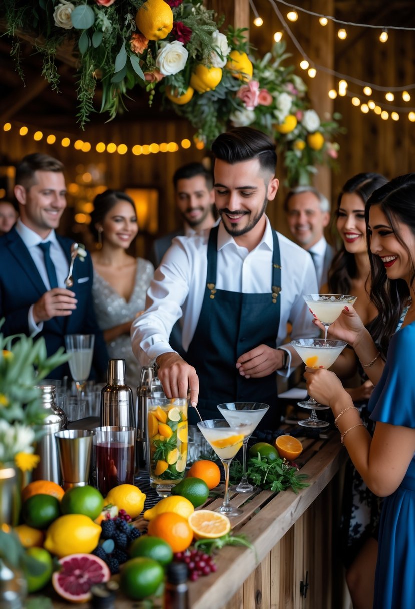 Guests enjoy mixing cocktails at a decorated bar station during a wedding rehearsal dinner.