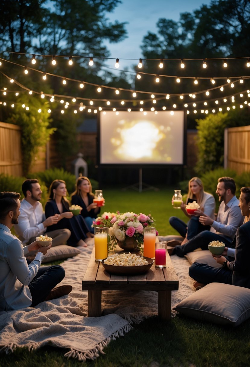 People enjoying a backyard movie night with popcorn and drinks around a projector screen in an outdoor setting.
