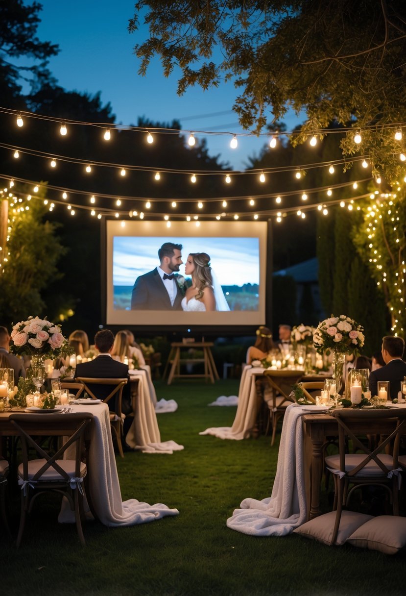 Guests watching a wedding film outdoors at dusk during a rehearsal dinner, seated among string lights and floral decorations.