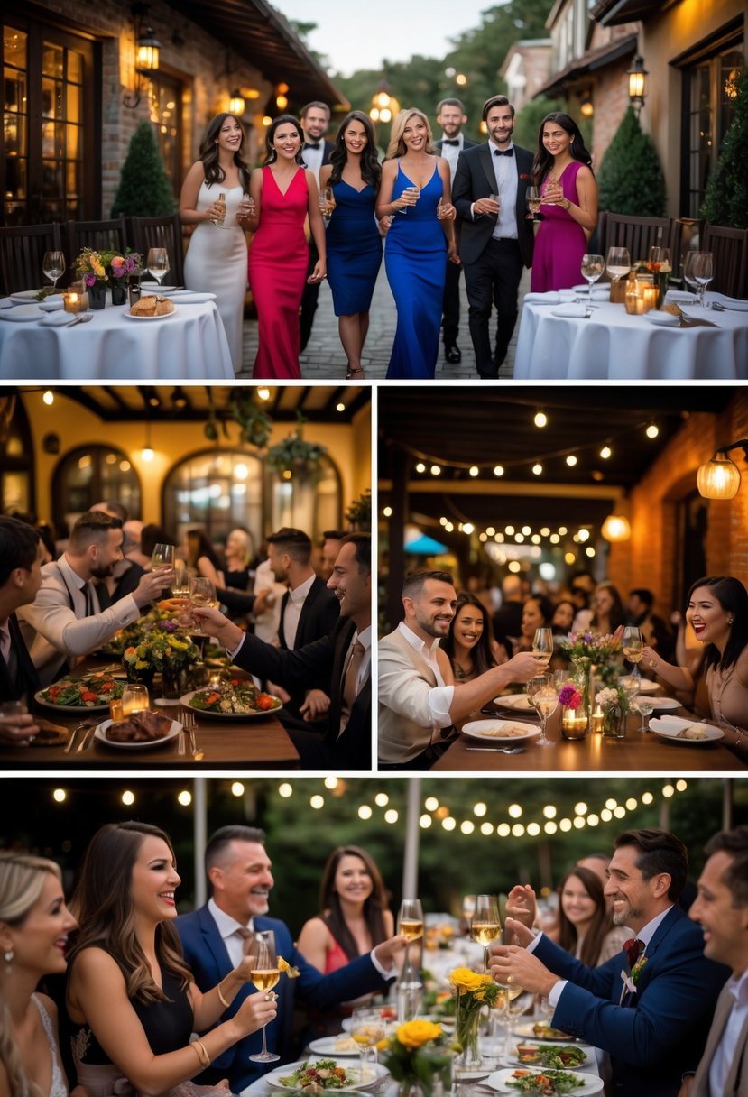 Guests enjoying a wedding rehearsal dinner moving between different restaurant settings, sharing food and celebrating together.