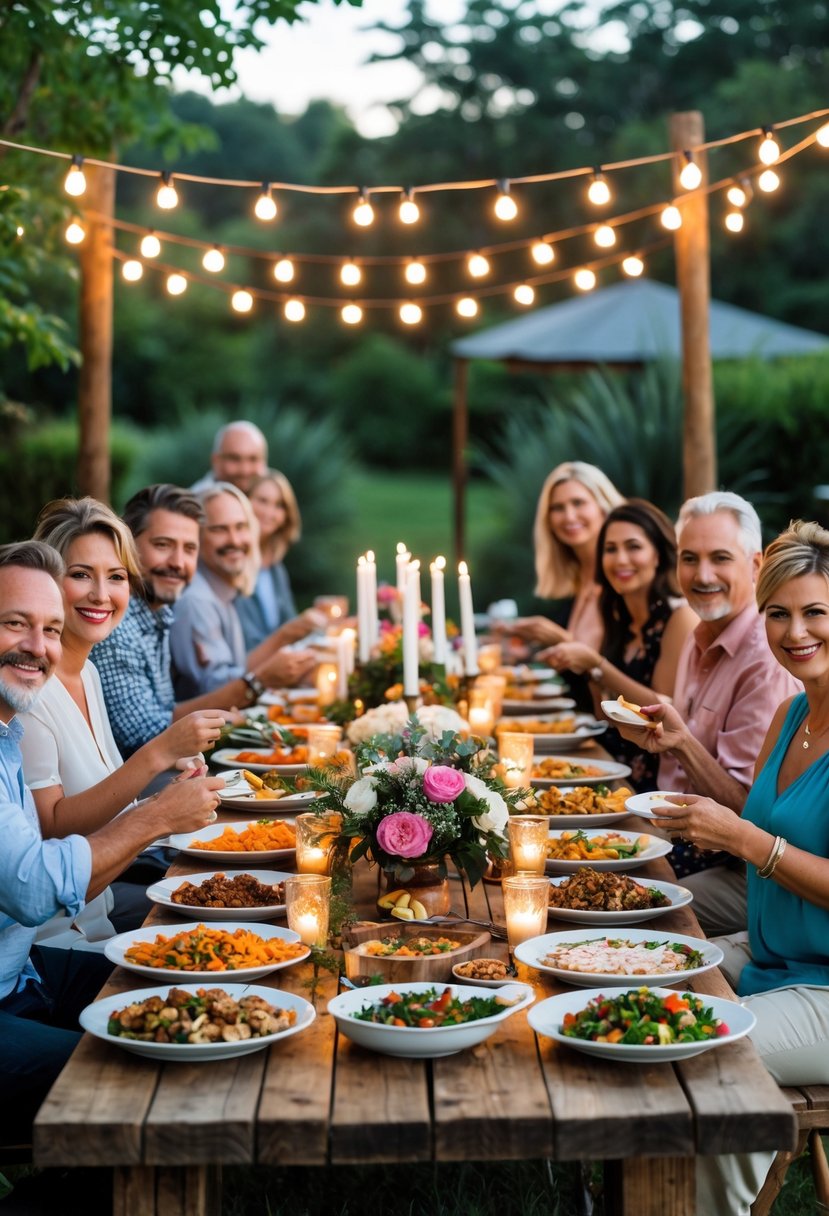 Family and friends enjoying a potluck style dinner outdoors at a wedding rehearsal with a long table full of homemade dishes and warm lighting.
