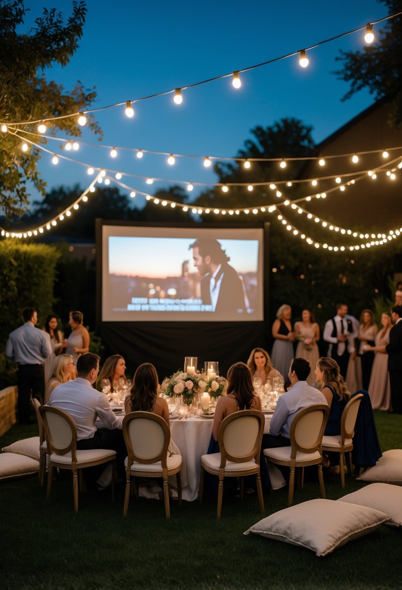 Backyard movie theater setup with chairs, tables, string lights, and guests enjoying an outdoor wedding rehearsal dinner in the evening.