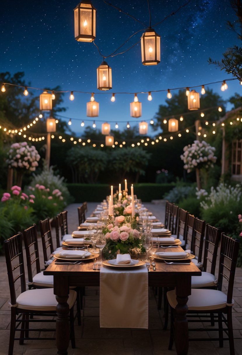 An outdoor garden dinner setup under a starry night sky with lanterns lighting a long table decorated with flowers and tableware.