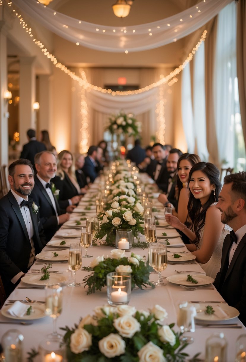 Guests in formal attire enjoying a warmly lit dinner with elegant floral centerpieces and candles in a decorated dining hall.