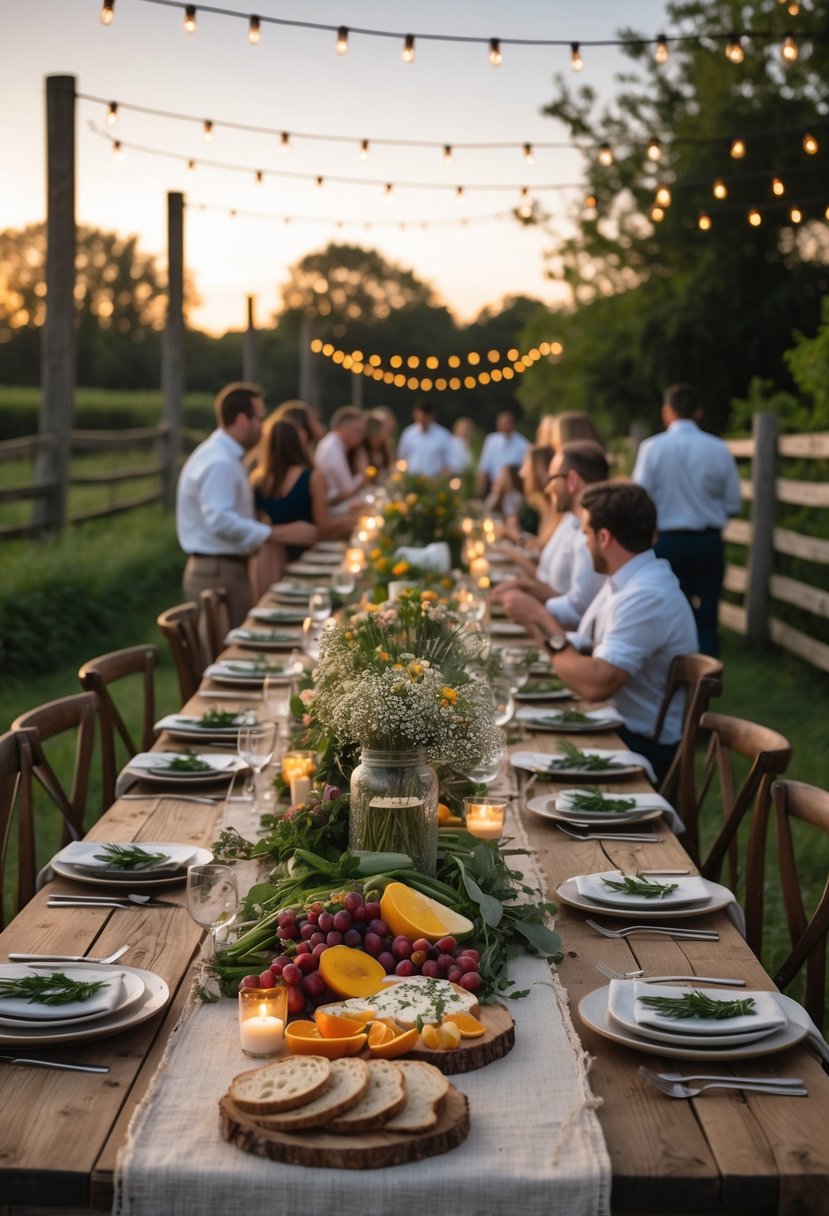 An outdoor rustic dinner table set for a wedding rehearsal with wooden tables, wildflower centerpieces, fresh fruits and vegetables, candles, and guests enjoying the evening.