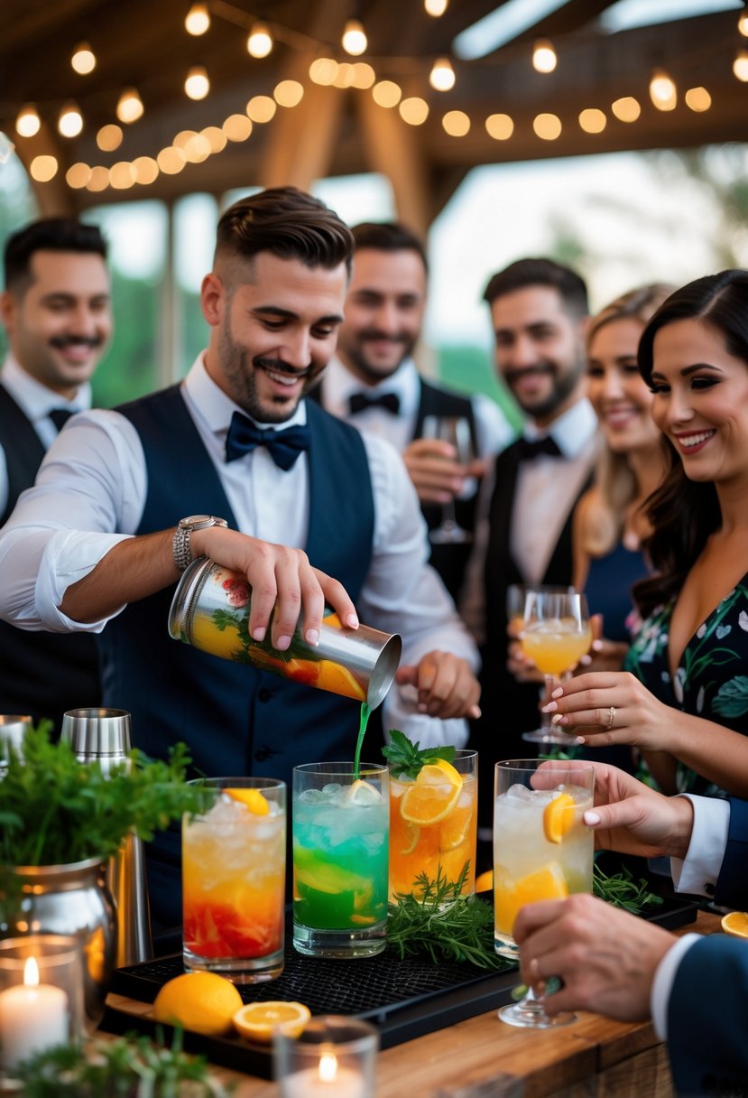 A mixologist demonstrating cocktail making to guests at a wedding rehearsal dinner with a bar, fresh ingredients, and smiling people.