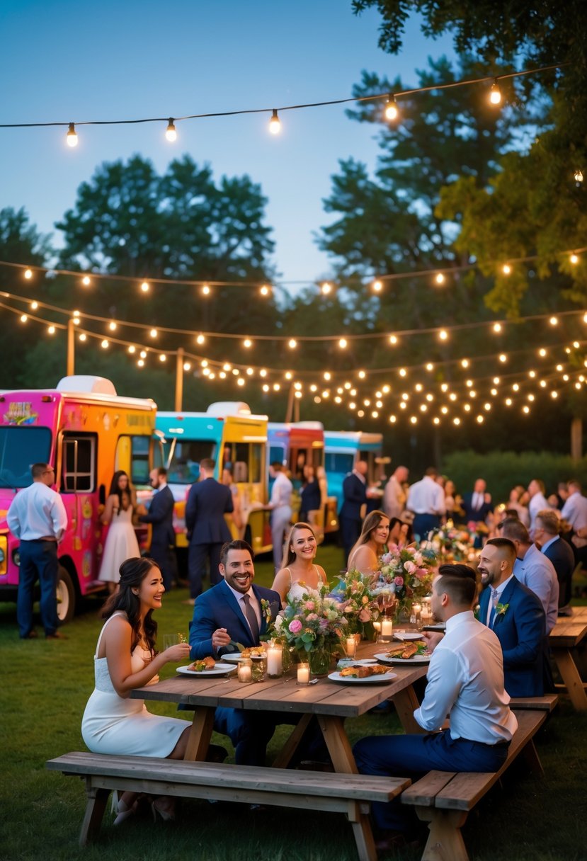 People enjoying a food truck festival in a decorated backyard during a wedding rehearsal dinner.