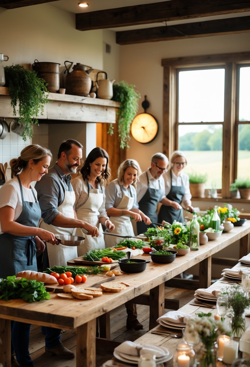 People cooking together in a farmhouse kitchen with a rustic dining table set for a rehearsal dinner.