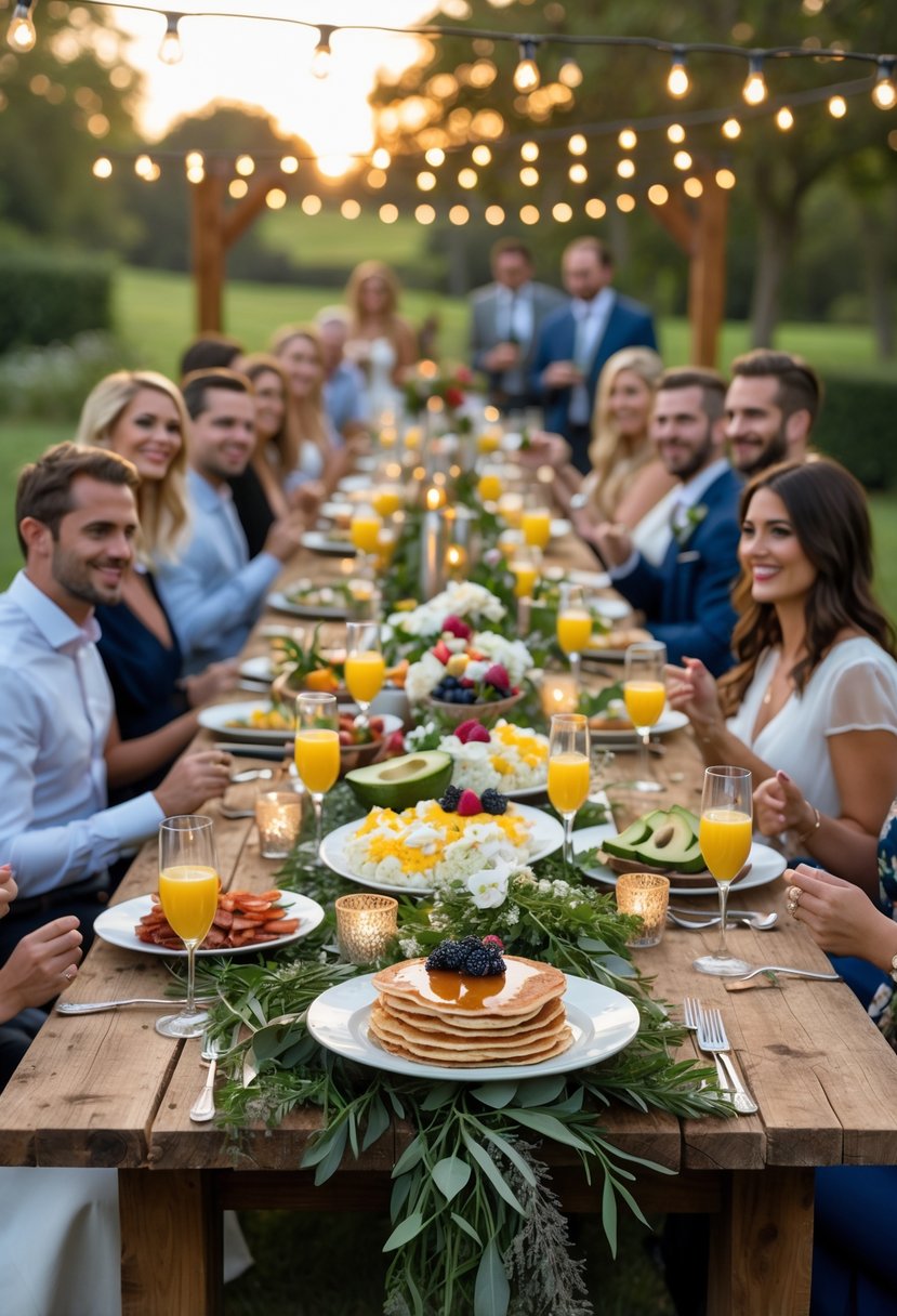 An outdoor wedding rehearsal dinner with guests enjoying a breakfast-for-dinner spread on a decorated rustic wooden table surrounded by greenery and string lights.