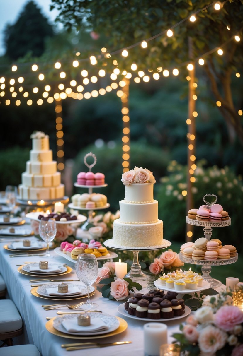 An outdoor garden table set with a variety of elegant desserts, candles, and flowers for a wedding rehearsal dinner.