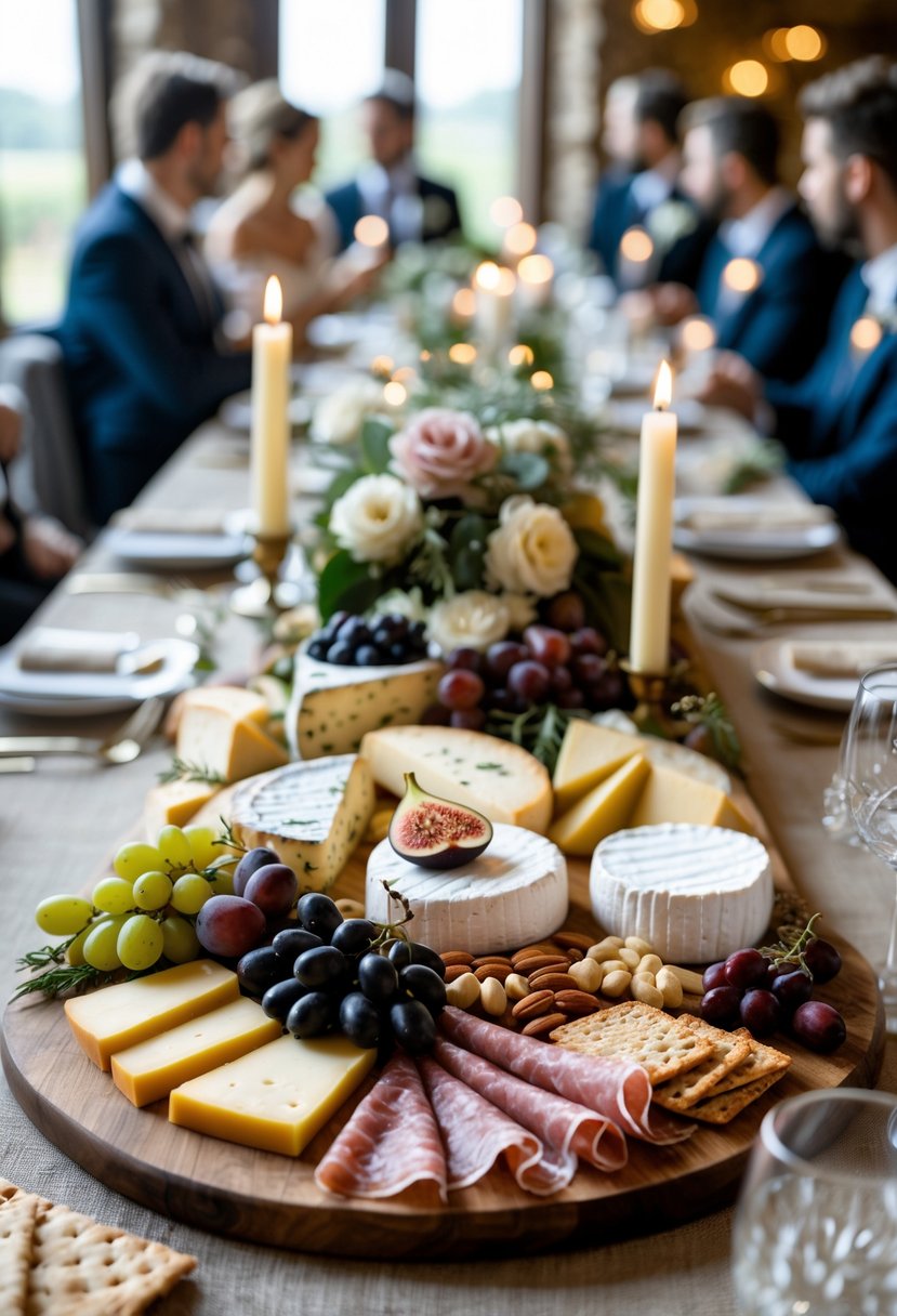 A cheese and charcuterie board with assorted cheeses, cured meats, fruits, nuts, and crackers on a wooden table set for a wedding rehearsal dinner.