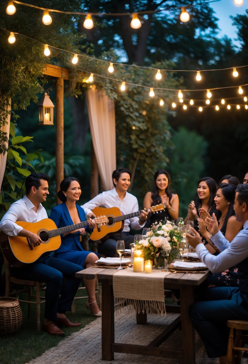 Musicians playing acoustic guitars and drums at an outdoor wedding rehearsal dinner with guests seated at decorated tables under string lights.