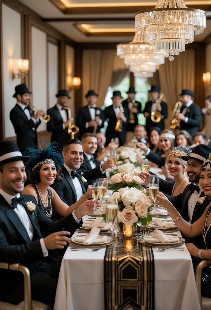 A group of people dressed in 1920s costumes enjoying a festive dinner around a long table decorated with flowers and candles, with a jazz band playing in the background.