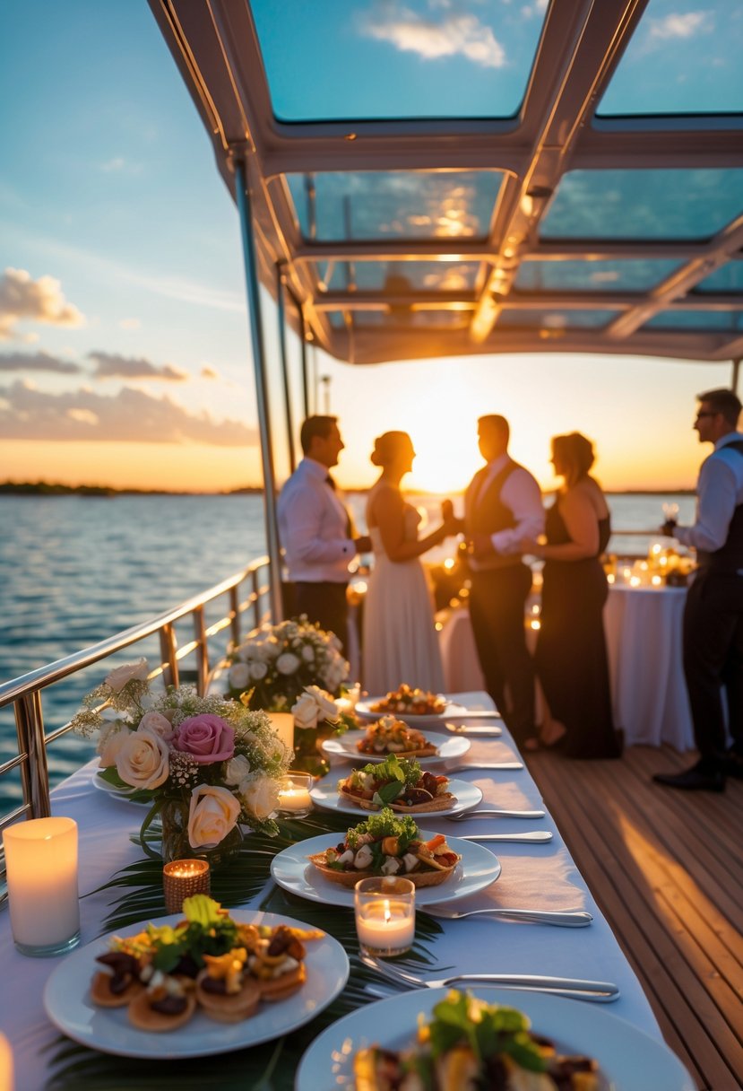 Guests enjoying a wedding rehearsal dinner with small plates on a boat deck at sunset over calm water.
