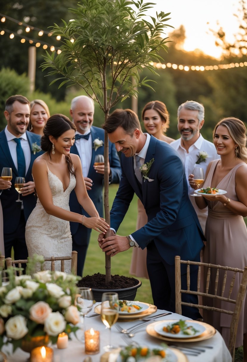 A couple planting a young tree outdoors surrounded by smiling family and friends at a wedding rehearsal dinner.