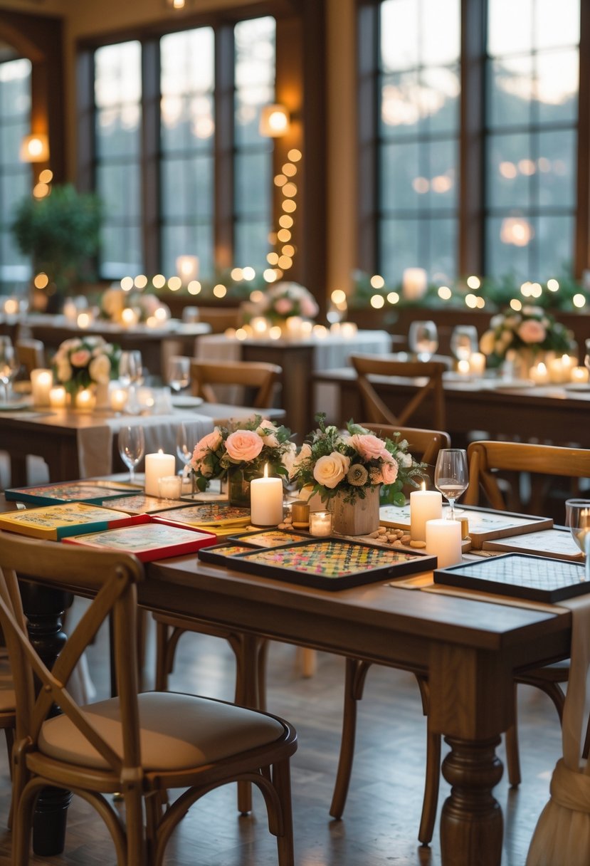 Indoor setup with tables decorated for a wedding rehearsal dinner featuring board games, flowers, candles, and soft lighting.