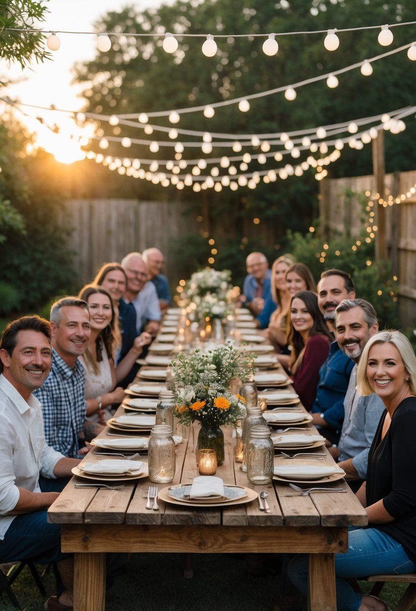 A group of people enjoying a casual outdoor dinner around a decorated wooden table at sunset.