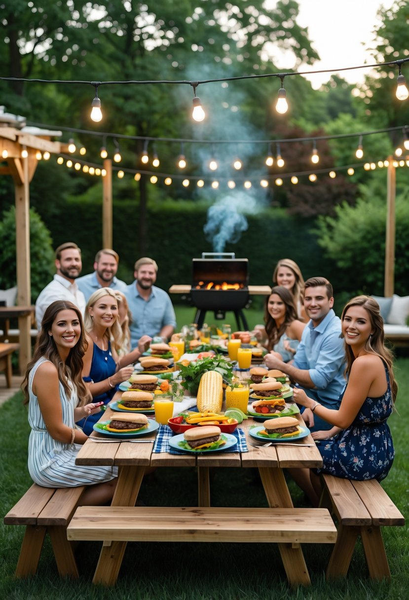 People enjoying a backyard BBQ with grilled food on a picnic table in a green yard with string lights overhead.