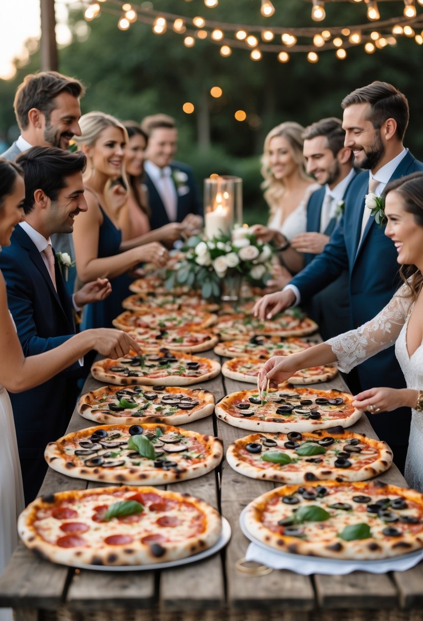 Guests serving themselves assorted pizzas at a wedding rehearsal dinner with festive decorations.