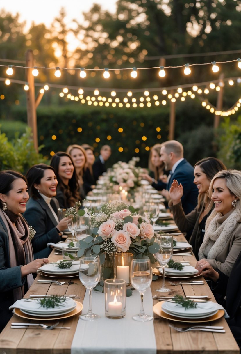 An outdoor wedding rehearsal dinner with a decorated long table, guests talking and laughing, surrounded by greenery and string lights.