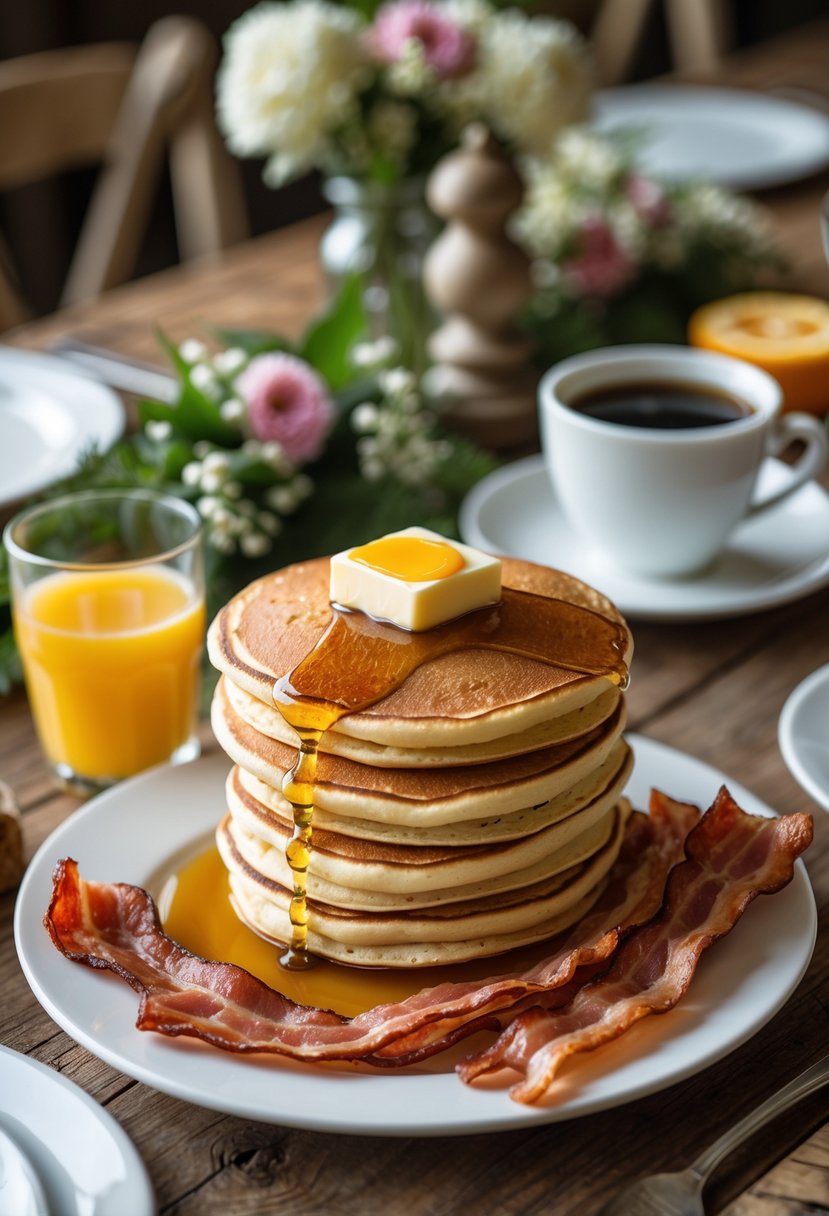 A table set with pancakes topped with butter and syrup, crispy bacon, a glass of orange juice, and a cup of coffee, with simple wedding rehearsal dinner decorations in the background.
