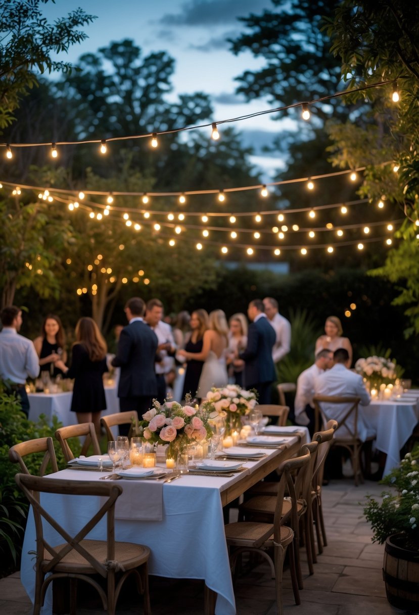 Backyard garden party at twilight with string lights, decorated tables, and guests enjoying a wedding rehearsal dinner.