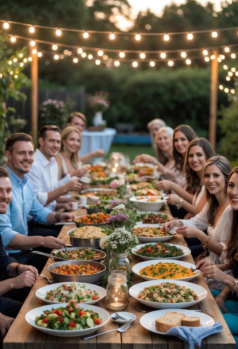 Guests serving themselves homemade dishes at a long outdoor table decorated with flowers and string lights during a wedding rehearsal dinner.