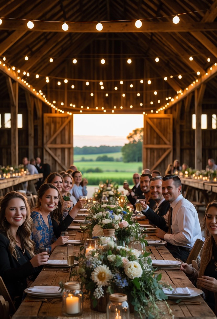 Guests enjoying a wedding rehearsal dinner inside a rustic barn with wooden tables, floral centerpieces, and string lights.