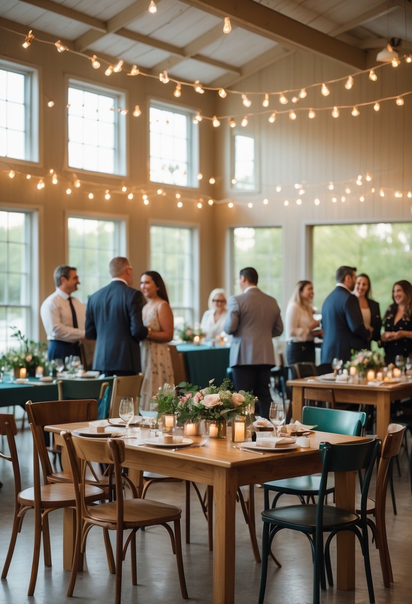 Community center room with tables and string lights set up for a casual wedding rehearsal dinner with people socializing.