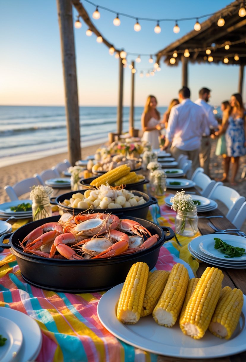 A seafood boil spread on a wooden table by the beach with guests enjoying a wedding rehearsal dinner near the ocean.