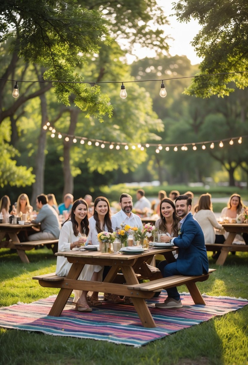 People enjoying a wedding rehearsal dinner outdoors at a picnic setup in a park with trees and decorations.