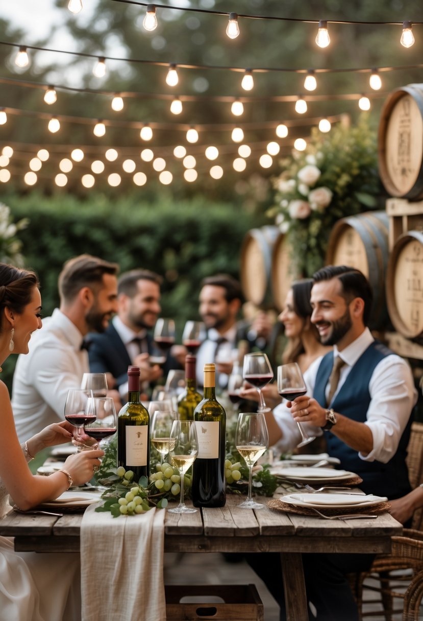 Guests enjoying wine tasting at a decorated outdoor table during a wedding rehearsal dinner.