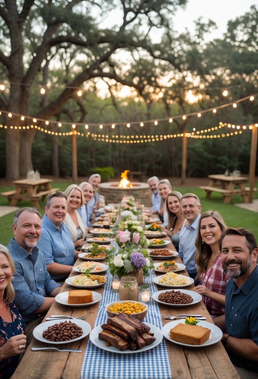 Family and friends gathered around a long outdoor table enjoying a Southern BBQ meal during a wedding rehearsal dinner.