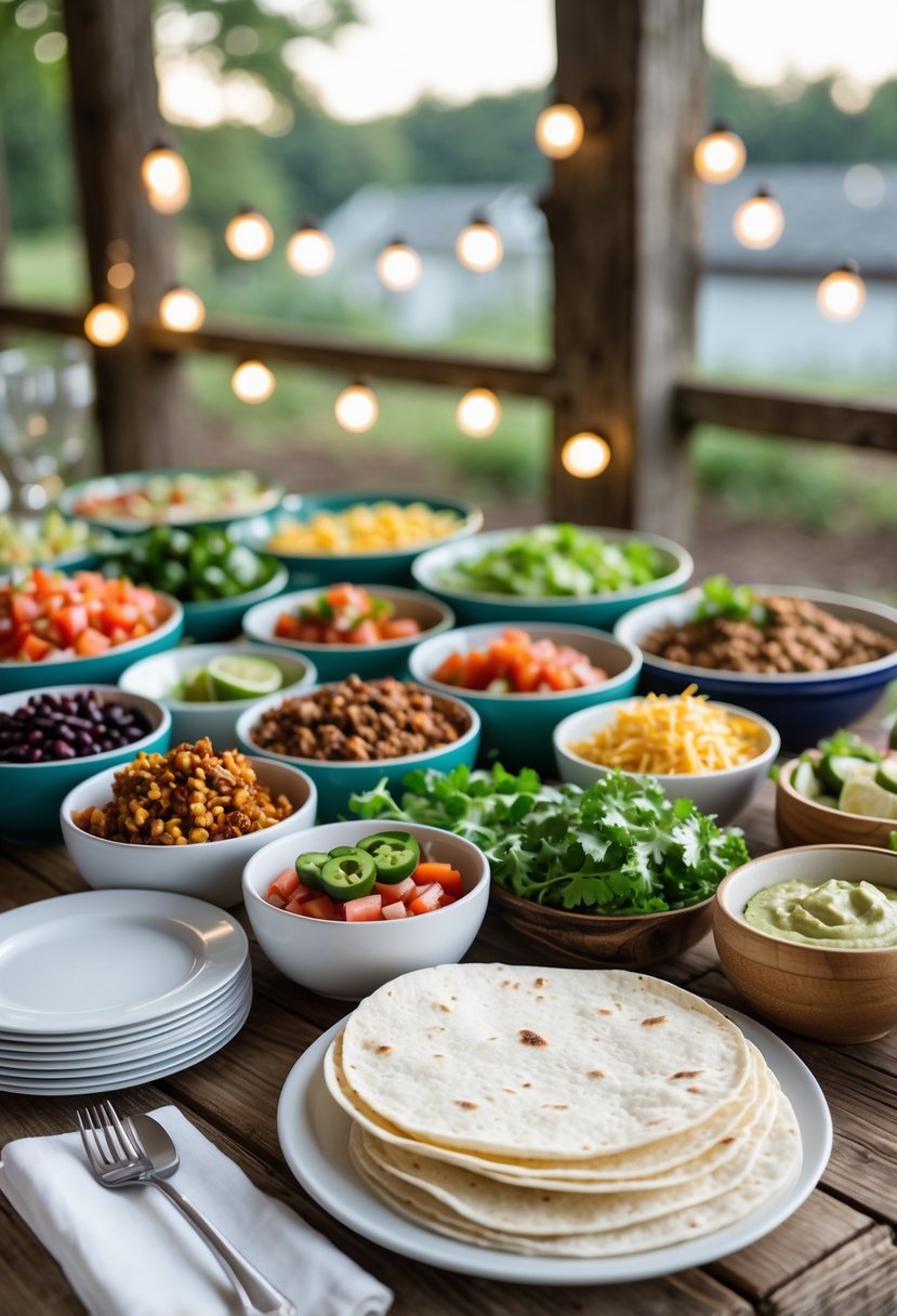 A DIY taco bar with various taco fillings and toppings arranged on a wooden table for a wedding rehearsal dinner.