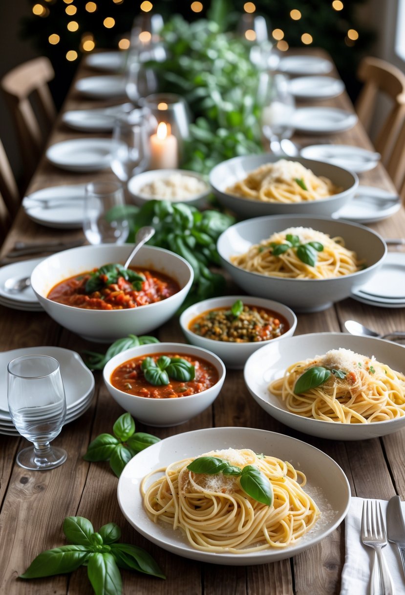 A dining table set with plates of pasta and bowls of homemade sauces, ready for a casual wedding rehearsal dinner.