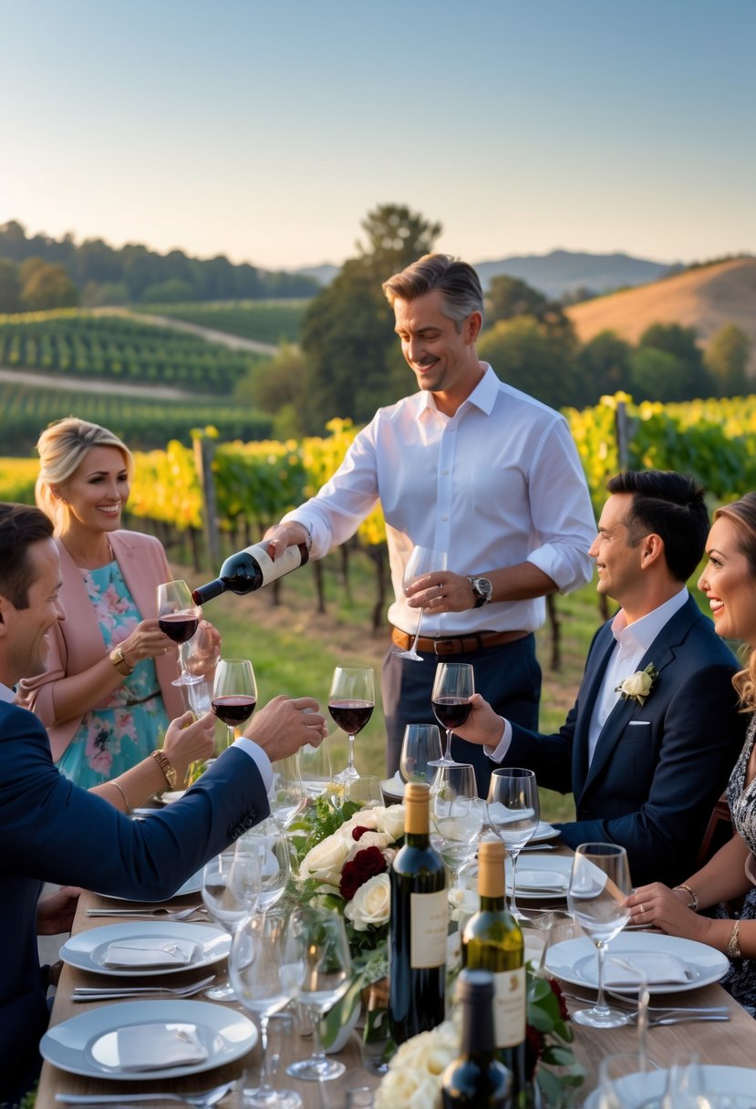 A host pouring wine for guests at a table set outdoors in a vineyard during a wedding rehearsal dinner.