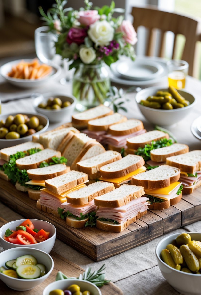 A platter of assorted sandwiches with side dishes on a wooden board set on a dining table prepared for a small gathering.