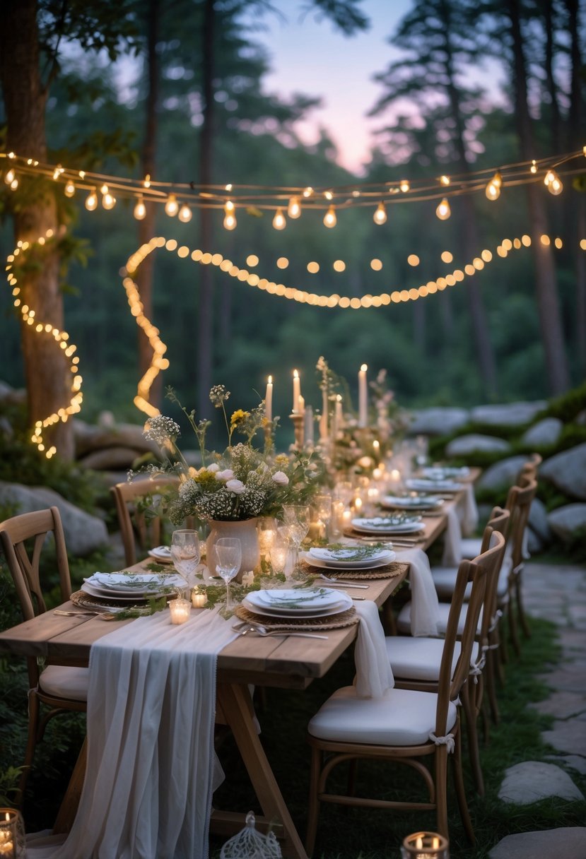 An outdoor dinner table decorated with flowers, fairy lights, lanterns, and candles in a forest setting at twilight.