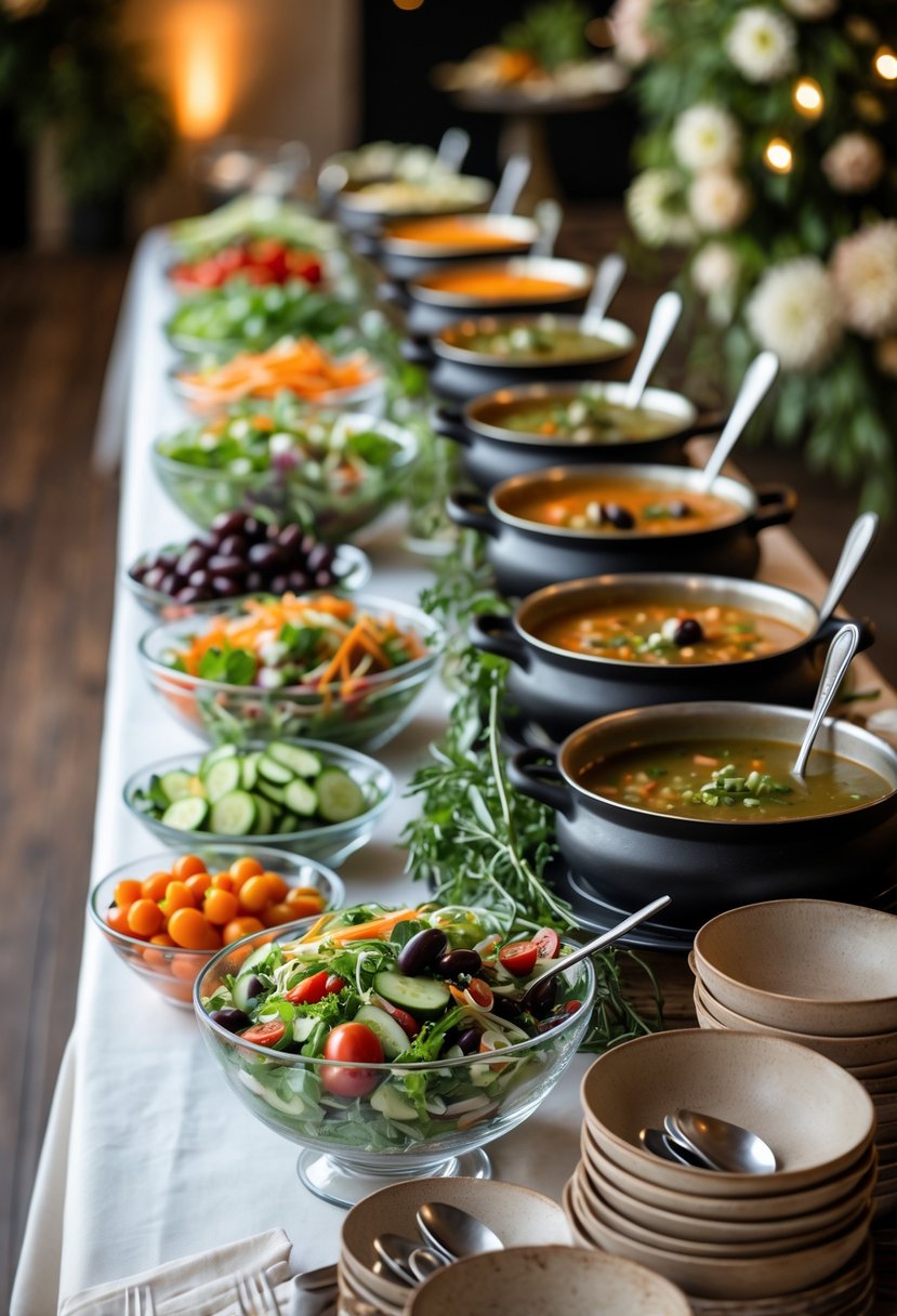 A salad and soup bar with bowls of fresh salad ingredients and pots of soup arranged on a table for a wedding rehearsal dinner.