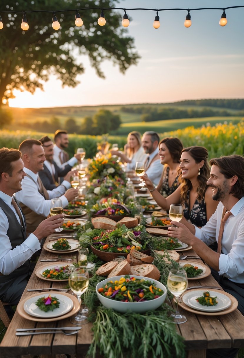An outdoor wedding rehearsal dinner with guests enjoying a farm-to-table meal around a rustic wooden table decorated with fresh vegetables and bread, set in a natural farm setting.