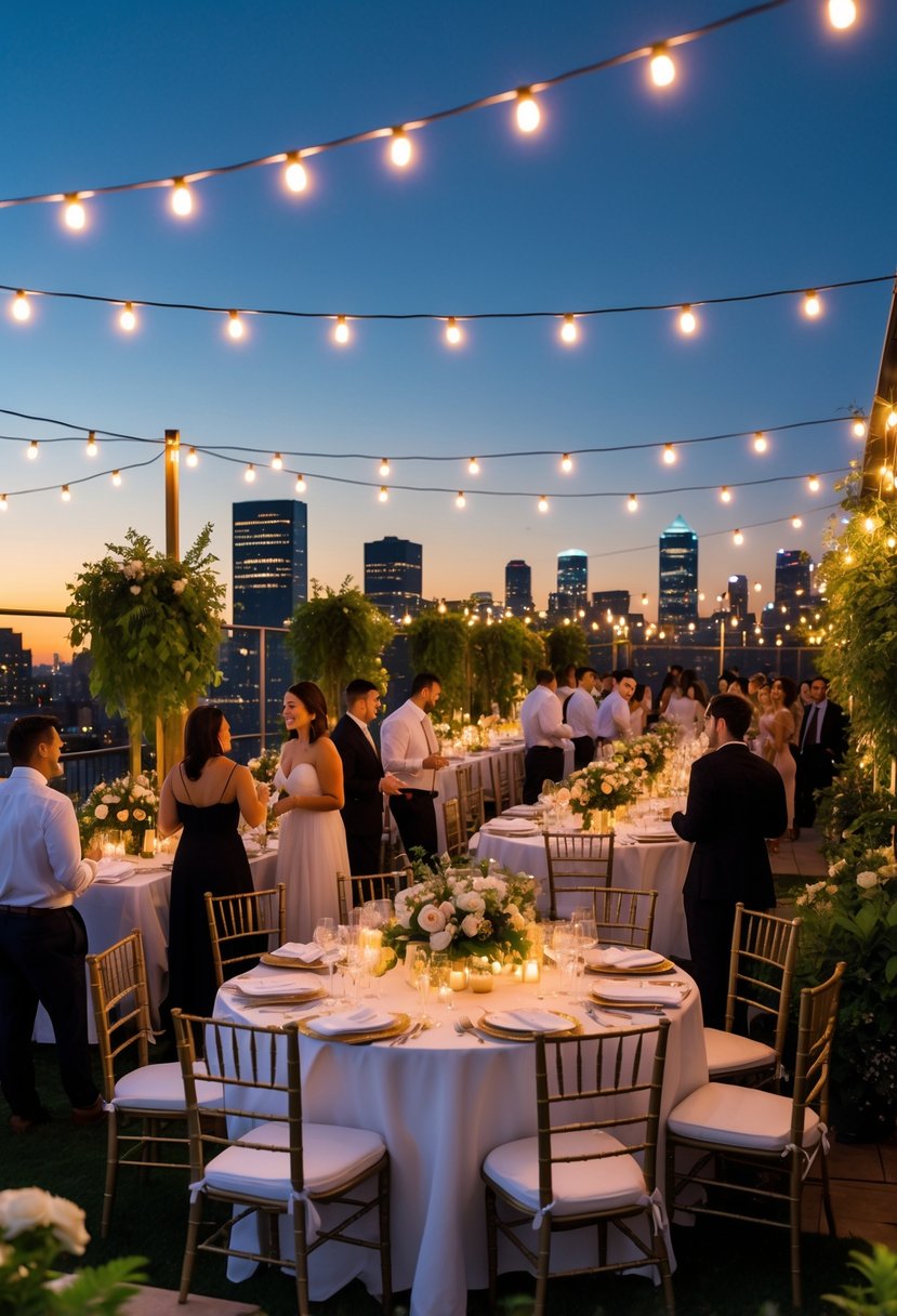 People enjoying an elegant rooftop garden party with string lights and decorated tables in the evening.
