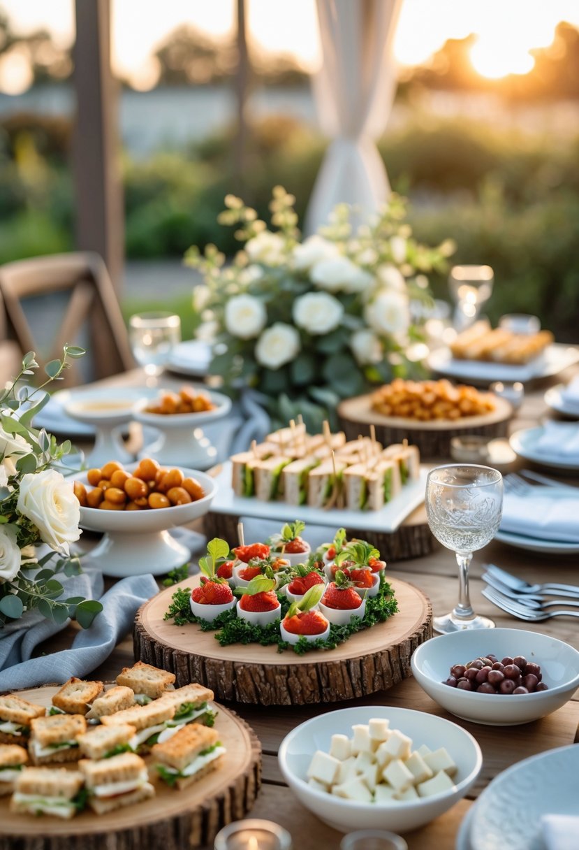 A table outdoors with a variety of finger foods and appetizers arranged on platters, surrounded by simple floral decorations and soft natural light.