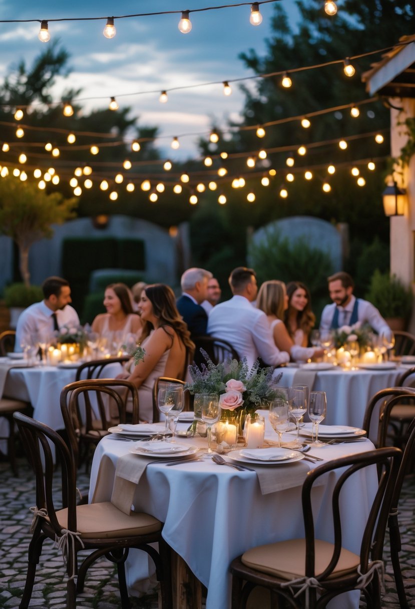 An outdoor evening wedding rehearsal dinner with guests seated at tables decorated with flowers and string lights under a twilight sky.