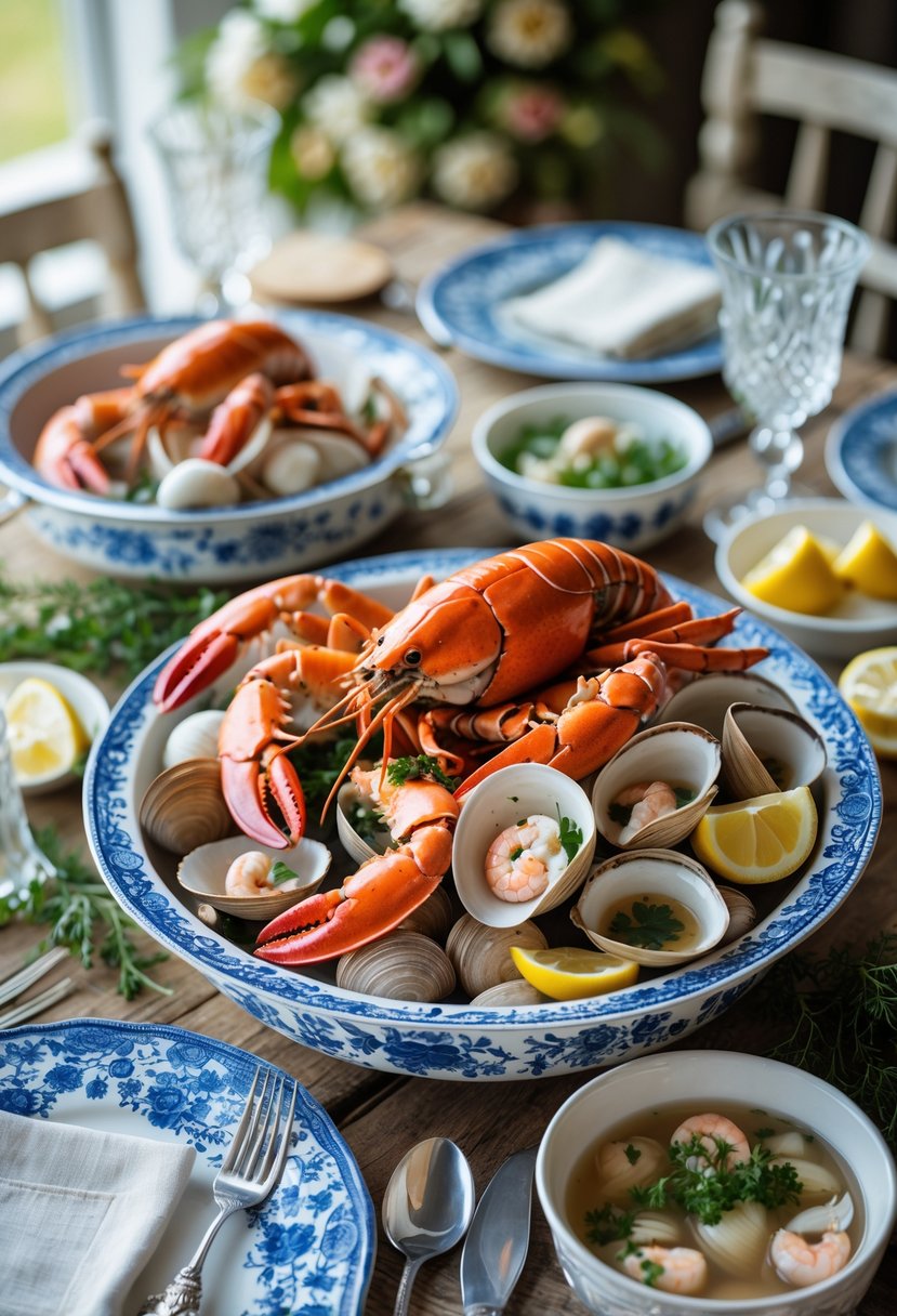 A seafood boil with lobster, crab, shrimp, and clams served on vintage dinnerware with silverware and glassware on a wooden table, decorated with flowers and candles.